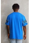 Unisex Bisiklet Yaka Baskılı Oversize T-Shirt - Mavi