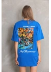 Unisex Bisiklet Yaka Baskılı Oversize T-Shirt - Mavi