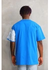 Unisex Bisiklet Yaka Baskılı Oversize T-Shirt - Mavi