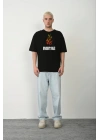 Unisex Bisiklet Yaka Baskılı Oversize T-Shirt - Siyah