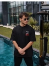 Unisex Bisiklet Yaka Baskılı Oversize T-Shirt - Siyah