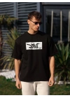 Unisex Bisiklet Yaka Baskılı Oversize T-Shirt - Siyah