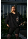 Unisex Bisiklet Yaka Baskılı Oversize T-Shirt - Siyah