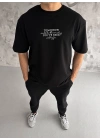 Unisex Bisiklet Yaka Baskılı Oversize T-Shirt - Siyah