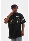 Unisex Bisiklet Yaka Baskılı Oversize T-Shirt - Siyah