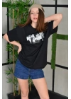 Unisex Bisiklet Yaka Baskılı Oversize T-Shirt - Siyah