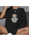 Unisex Bisiklet Yaka Baskılı Oversize T-Shirt - Siyah