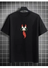 Unisex Bisiklet Yaka Baskılı Oversize T-Shirt - Siyah