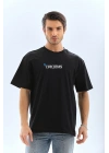 Unisex Bisiklet Yaka Baskılı Oversize T-Shirt - Siyah