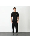 Unisex Bisiklet Yaka Baskılı Oversize T-Shirt - Siyah