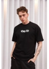 Unisex Bisiklet Yaka Baskılı Oversize T-Shirt - Siyah