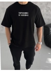 Unisex Bisiklet Yaka Baskılı Oversize T-Shirt - Siyah