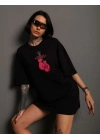 Unisex Bisiklet Yaka Baskılı Oversize T-Shirt - Siyah