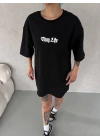 Unisex Bisiklet Yaka Baskılı Oversize T-Shirt - Siyah