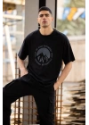 Unisex Bisiklet Yaka Baskılı Oversize T-Shirt - Siyah