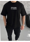 Unisex Bisiklet Yaka Baskılı Oversize T-Shirt - Siyah