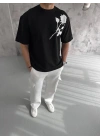 Unisex Bisiklet Yaka Baskılı Oversize T-Shirt - Siyah