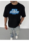 Unisex Bisiklet Yaka Baskılı Oversize T-Shirt - Siyah