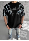 Unisex Bisiklet Yaka Baskılı Oversize T-Shirt - Siyah
