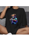 Unisex Bisiklet Yaka Baskılı Oversize T-Shirt - Siyah