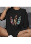 Unisex Bisiklet Yaka Baskılı Oversize T-Shirt - Siyah
