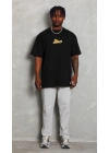 Unisex Bisiklet Yaka Baskılı Oversize T-Shirt - Siyah