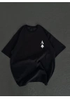 Unisex Bisiklet Yaka Baskılı Oversize T-Shirt - Siyah