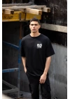 Unisex Bisiklet Yaka Baskılı Oversize T-Shirt - Siyah