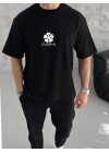 Unisex Bisiklet Yaka Baskılı Oversize T-Shirt - Siyah