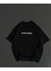 Unisex Bisiklet Yaka Baskılı Oversize T-Shirt - Siyah