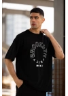 Unisex Bisiklet Yaka Baskılı Oversize T-Shirt - Siyah