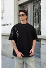 Unisex Bisiklet Yaka Baskılı Oversize T-Shirt - Siyah