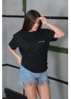 Unisex Bisiklet Yaka Baskılı Oversize T-Shirt - Siyah