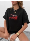 Unisex Bisiklet Yaka Baskılı Oversize T-Shirt - Siyah