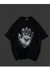 Unisex Bisiklet Yaka Baskılı Oversize T-Shirt - Siyah