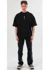 Unisex Bisiklet Yaka Baskılı Oversize T-Shirt - Siyah