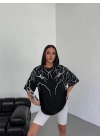 Unisex Bisiklet Yaka Baskılı Oversize T-Shirt - Siyah