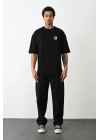 Unisex Bisiklet Yaka Baskılı Oversize T-Shirt - Siyah