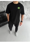 Unisex Bisiklet Yaka Baskılı Oversize T-Shirt - Siyah