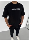 Unisex Bisiklet Yaka Baskılı Oversize T-Shirt - Siyah