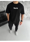 Unisex Bisiklet Yaka Baskılı Oversize T-Shirt - Siyah