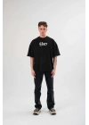Unisex Bisiklet Yaka Baskılı Oversize T-Shirt - Siyah
