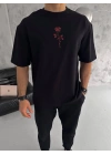 Unisex Bisiklet Yaka Baskılı Oversize T-Shirt - Siyah