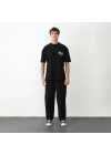 Unisex Bisiklet Yaka Baskılı Oversize T-Shirt - Siyah