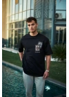Unisex Bisiklet Yaka Baskılı Oversize T-Shirt - Siyah