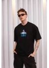 Unisex Bisiklet Yaka Baskılı Oversize T-Shirt - Siyah