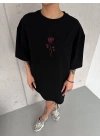 Unisex Bisiklet Yaka Baskılı Oversize T-Shirt - Siyah