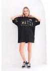 Unisex Bisiklet Yaka Baskılı Oversize T-Shirt - Siyah