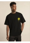 Unisex Bisiklet Yaka Baskılı Oversize T-Shirt - Siyah