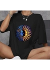 Unisex Bisiklet Yaka Baskılı Oversize T-Shirt - Siyah
